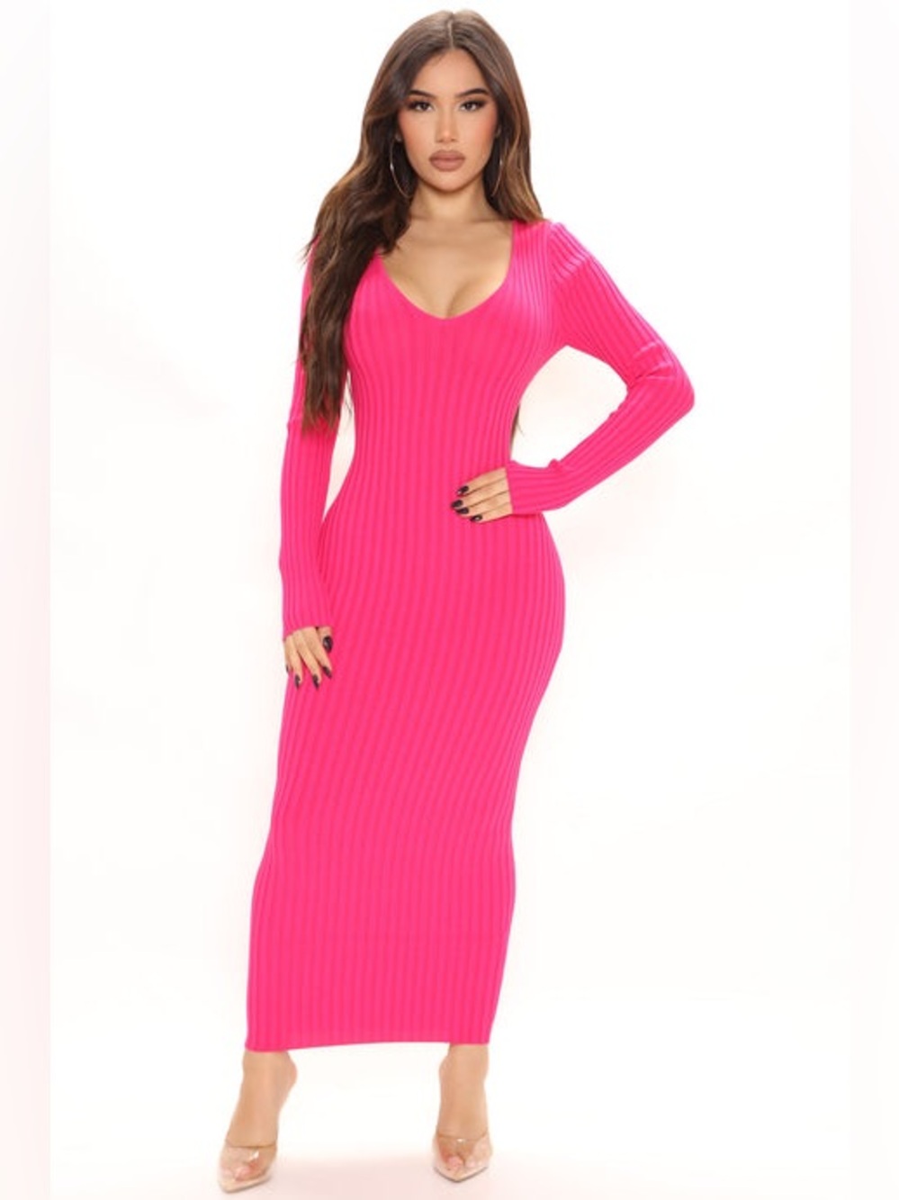 NWT Fashion Nova Kallan Knit Dress XL Hot Pink Ribbed Bodycon Maxi Long Sleeve‎